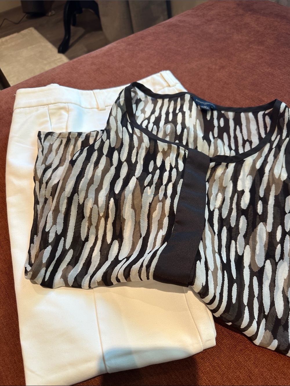 Banana Republic Brown & Cream Sleeveless Sheer Blouse